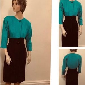 SALE. 80’s linen turquoise and black Secretary Dress
